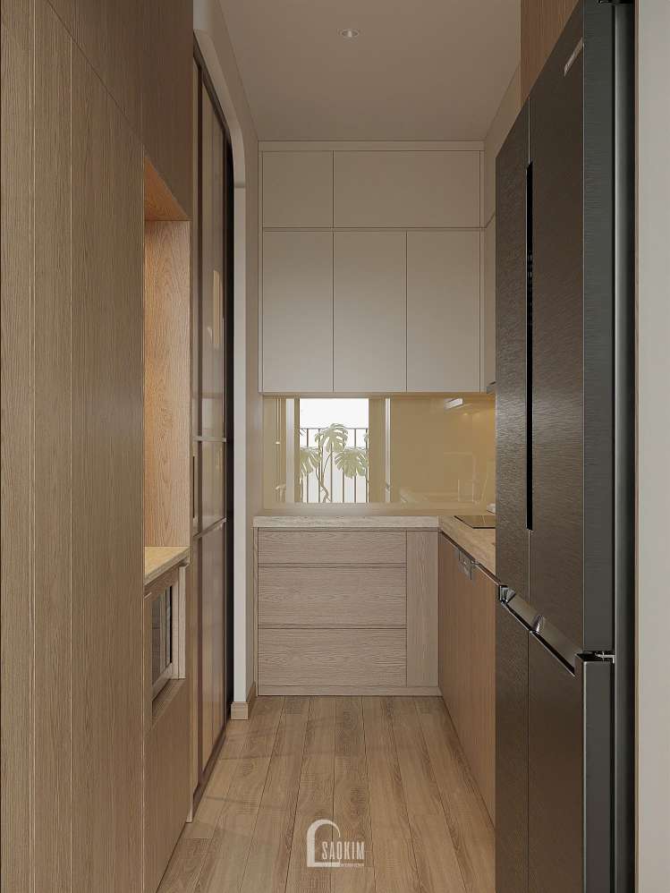 Không gian phòng bếp mang phong cách Wabi Sabi tại thiết kế nội thất chung cư 87m2 Hinode City
